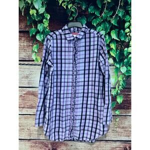Betsey Johnson Intimates Purple Plaid Button Down Ruffle Sleep Pajama Top Small